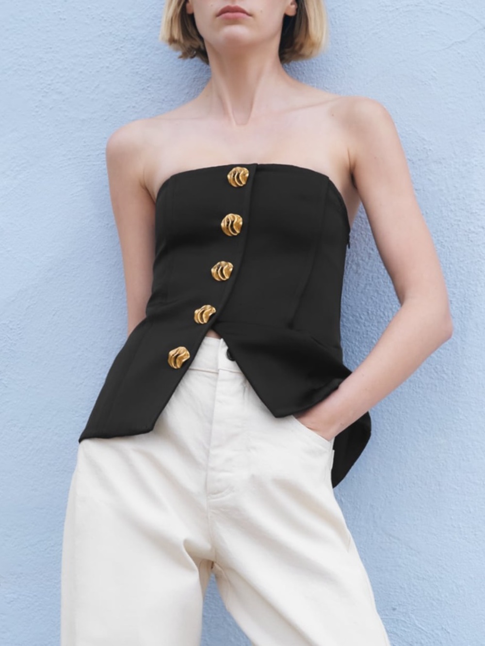 NWT ZARA PATTERNED BUTTON BUSTIER CORSET BLACK GOLD Size S Women’s